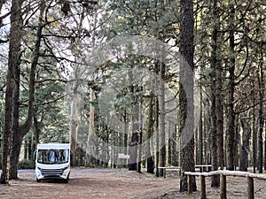 Modern motorhome camper van rv vehicle parking in the outdoors nature park with high scenic trees in background. Concept of travel