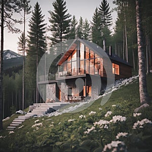 Modern mountain cabin in the woods. Modern Spring Escape Cabin, spring romantic getaway