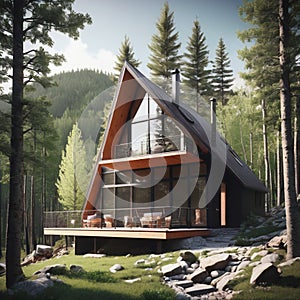 Modern mountain cabin in the woods. Modern Spring Escape Cabin, spring romantic getaway