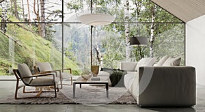 Modern mountain home interior. Living room with big windows and beautiful view on birch forest.