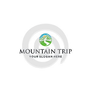 Modern MOUNTAIN TRIP circle sunrise Logo design