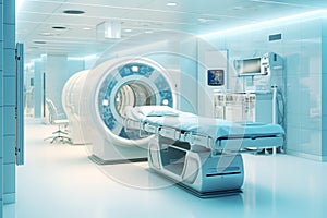 Modern MRI - magnetic resonance imaging - scanner machine in hospital room. Lab with MRI scan machine. Generative AI