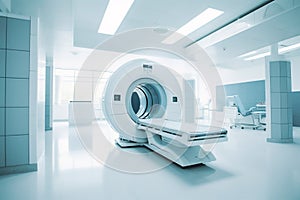 Modern MRI - magnetic resonance imaging - scanner machine in hospital room. Lab with MRI scan machine. Generative AI