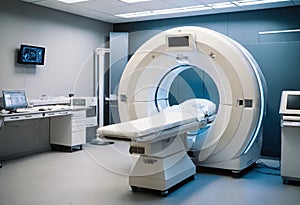 Modern MRI Scanner at hospital. X-ray tomography for treatment cancer. Ai generative
