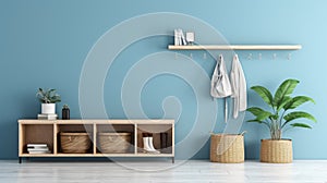 Modern Mud Room With Blue Walls And Wooden Shelf