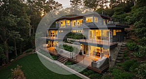 Modern multi-level house surrounded by dense forest. The structure features large