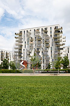 Modern multi-storey new house in Vienna in Austria, near a playground, a residential area of the city