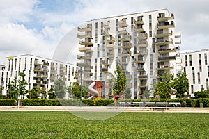 Modern multi-storey new house in Vienna in Austria, near a playground, a residential area of the city