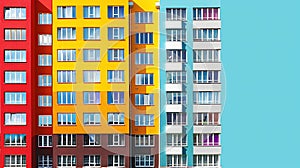 Modern multicolored multistory high-rise residential apartment building house. Front view with windows balconies with roof on