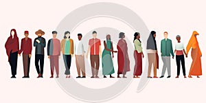 Modern multicultural society concept with people in a row. Group of different people in community standing together and holding