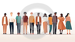 Modern multicultural society concept with people in a row. Group of different people in community standing together and holding