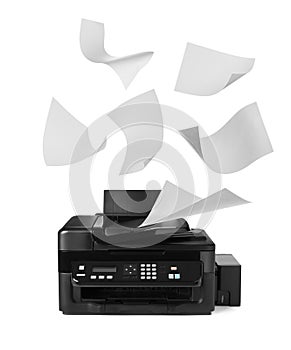 Modern multifunction printer and flying sheets of paper on white background