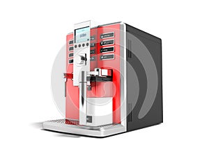 A modern multifunctional coffee machine with milk red 3d on the right 3d render on white background with shadow