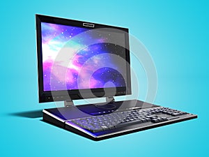 Modern multimedia laptop for work 3d render on blue background with shadow