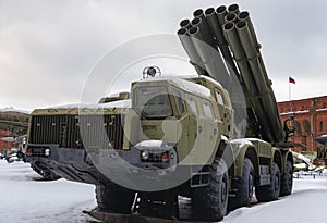 Modern multiple rocket launcher system in the parking lot in winter