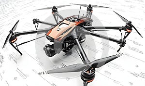 Advanced multirotor drone with camera on white background