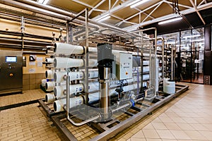 Modern multistage water filtration machine in brewery production