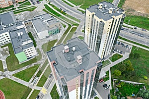 Modern multistory apartment buildings. aerial overhead view