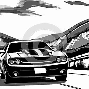 Modern Muscle Car Cruising On Road - Vector Drawing