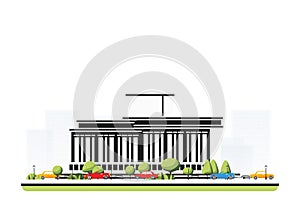 Modern museum building in flat style with trees and cars. City scene isolated on white background. Urban architecture. Art gallery