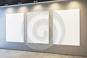 Modern museum or exhibition hall interior with illuminated empty white mock up frames on concrete wall.