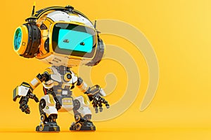 Modern music city poster with cute robot wearing headphones - futuristic generative ai design