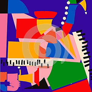 Modern music poster with abstract and minimalistic musical instruments assembled from colorful geometric forms and shapes.