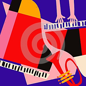 Modern music poster with abstract and minimalistic musical instruments assembled from colorful geometric forms and shapes