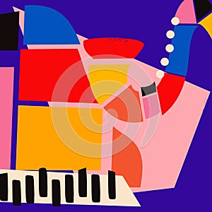Modern music poster with abstract and minimalistic musical instruments assembled from colorful geometric forms and shapes