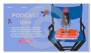 Modern music radio show or audio blog concept, podcast illustration, vector landing page template with microphone