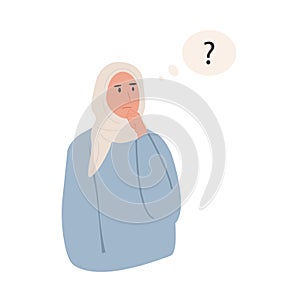 Modern muslim arab thinking female character. Portrait of thoughtful person with question mark. Young woman solving
