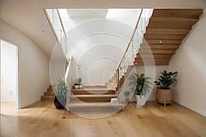 Modern natural ash tree wooden stairs in new house interior