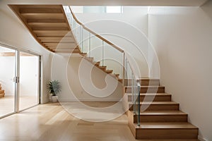 Modern natural ash tree wooden stairs in new house interior