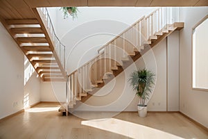 Modern natural ash tree wooden stairs in new house interior