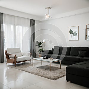 Modern natural interior design of living room with white sofa and empty concrete wall background