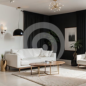 Modern natural interior design of living room with white sofa and empty concrete wall background