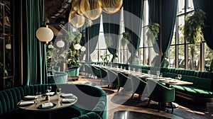 modern natural restaurant with green-velvet furniture