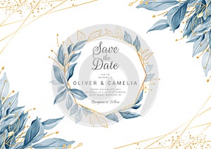 Modern navy blue wedding invitation card template with watercolor floral frame and border. Greenery floral border save the date, photo