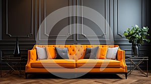 Modern Neoclassical Fusion: 3d Rendered Orange Sofa On Black Wall photo