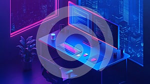 Cyberpunk Office Desk with Dual Monitors