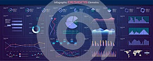 Modern network management data screen with colored charts and diagrams with steps, options, parts or processes. Diagram