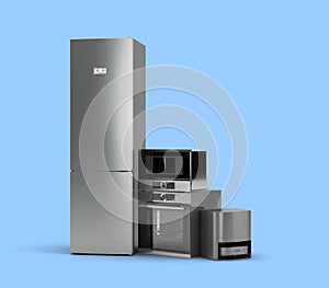 Modern new built in kitchen appliances 3d render on blue