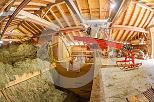 Modern new hayloft during haymaking