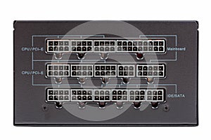 Modern new pc modular power supply unit front side, 8 pin and 6 pin cpu pci-e, ide sata and mainboard unplugged empty connectors