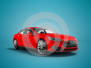 Modern new red electric car 3d rendering on blue background with