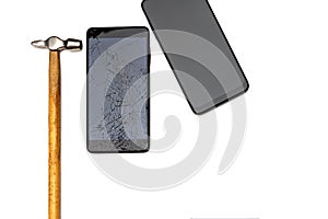 Modern new smartphone and old broken close-up in black isolated on a white background with a copy space as a mock-up
