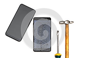 Modern new smartphone and old broken close-up in black isolated on a white background with a copy spacecing