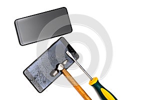Modern new smartphone and old broken close-up isolated on a white background with a copy space as a mock-up