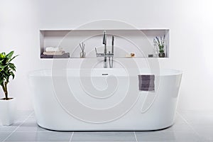 Modern and new steel faucet with the ceramic bathtub  in the bathroom