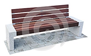 Modern new wooden bench on concrete road tiles isolated